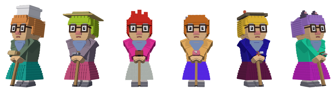 Six voxel grans in a row, each leaning on her walking stick in big square glasses: a Baker in a chef's hat, a Gardener in a straw hat, a Hooligran with spiky red hair, a Crocheter, an Archer in a cap and a Cat Sitter with cat ears.