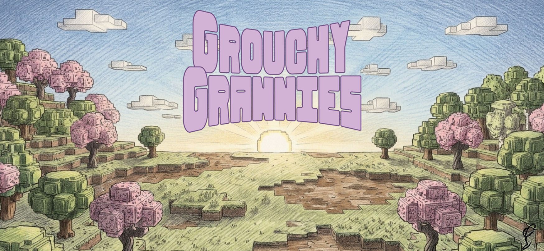 Grouchy Grannies, over a coloured-pencil drawing of the sun rising across blocky grassland, dirt paths and pink cherry trees.