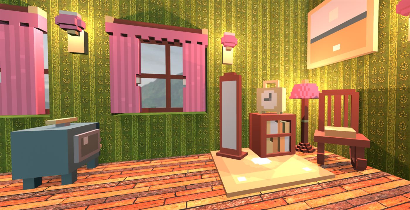 A gran's parlour in Grouchy Grannies: green damask wallpaper, pink curtains, a carriage clock on a little bookcase, a pink standard lamp and a wooden chair.